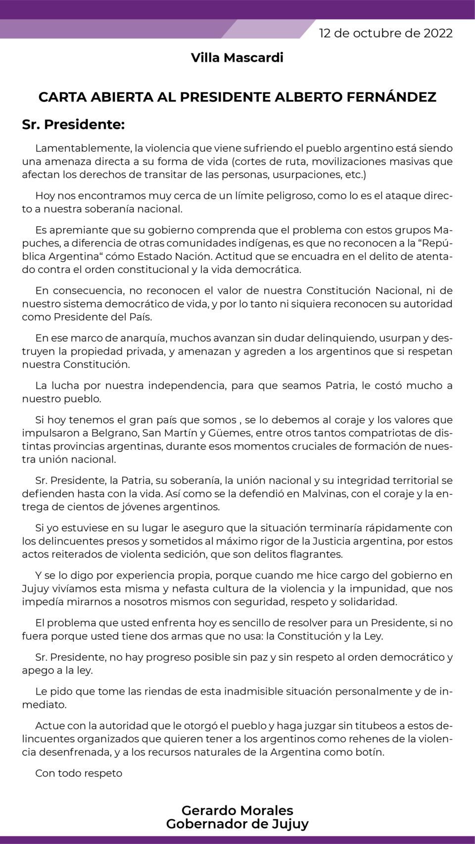 Carta abierta de Gerardo Morales al Presidente Alberto Fernández por los grupos Mapuches en Villa Mascardi.